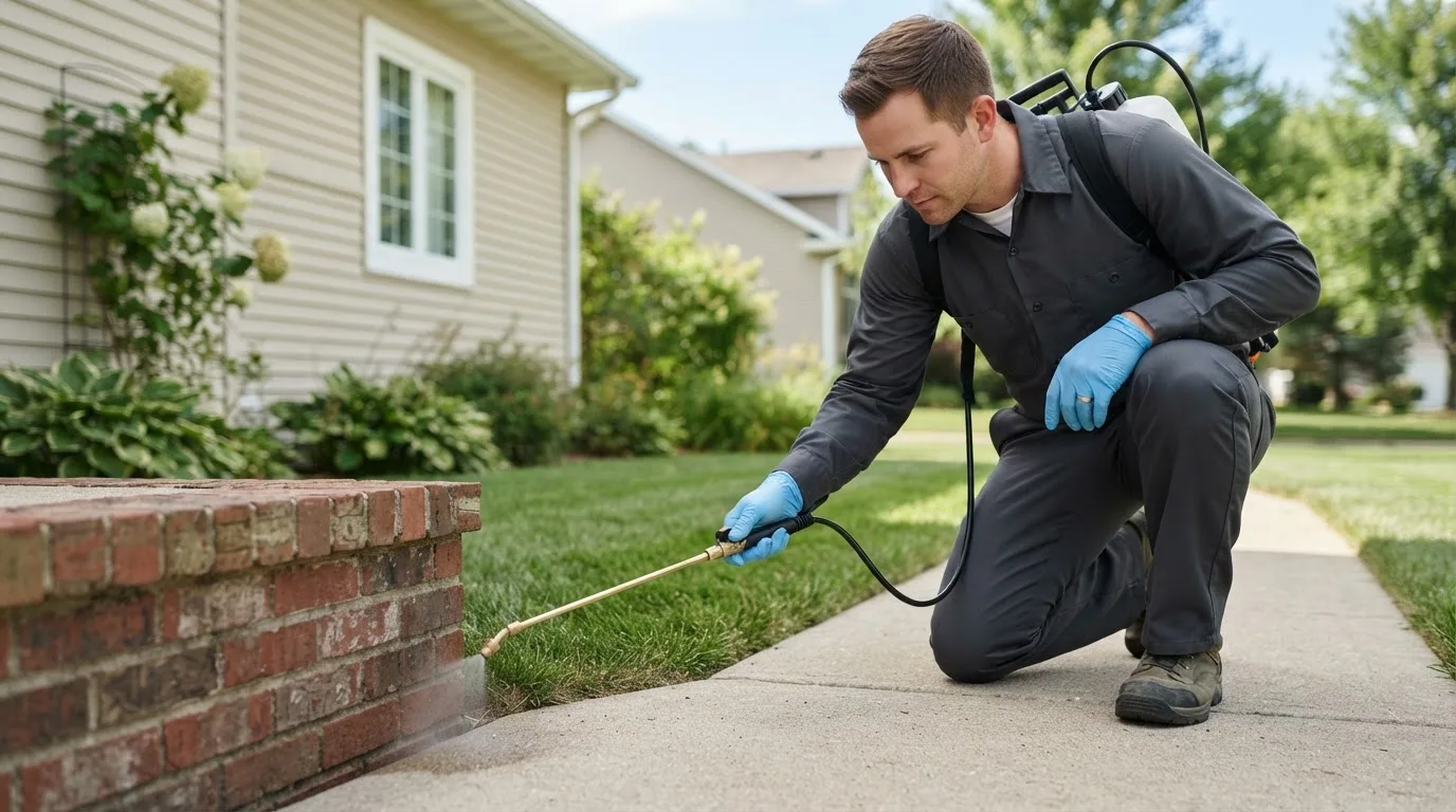 Pest control technician treating a home near Rich Hill, MO